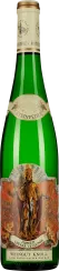 Grüne Weinflasche mit kunstvollem Etikett, das eine detaillierte Illustration zeigt. Die Flasche hat einen cremefarbenen Hals mit feinen goldenen Verzierungen.