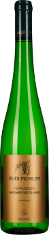 Grüne Weinflasche mit eleganter, goldener Etikettierung und schwarzem Verschluss, zeigt stilvolle Schrift und ein dezentes Logo.