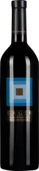 Dunkle Weinflasche mit elegantem Etikett in Blau und Goldakzenten.