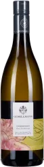 Flasche eines Weißweins mit gelblich-goldener Flüssigkeit, schwarzer Kapsel und modernem Etikett mit floralen Elementen in Rosa und Grün.