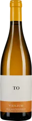 Eine Weinflasche mit gelb-orangefarbenem Etikett und gelbem Schraubverschluss. Das Etikett ist schlicht und minimalistisch gestaltet.