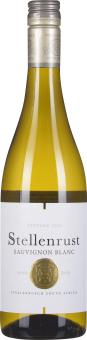 Flasche Sauvignon Blanc mit klarer, hellgelber Flüssigkeit und silbernem Schraubverschluss. Das Etikett ist weiß mit goldenen und schwarzen Details.