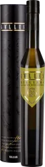 Eine schlanke, elegante Flasche mit einem goldenen Etikett und einer schwarzen Kapsel, neben einer passenden schwarzen Verpackungsröhre mit dezentem Muster.