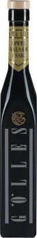 Dunkle, elegante Glasflasche für Apfel Balsamessig mit goldfarbenem Etikett und Korkverschluß.
