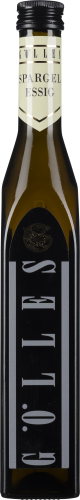 Braune Essigflasche mit schwarzem Etikett und markantem Schriftzug, helle Kappe.