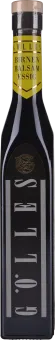 Dunkle Glasflasche mit einem Korkverschluss, gelbes Etikett am Hals, schlichtes Design mit großen Buchstaben.
