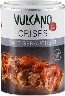 Eine zylindrische Dose mit weißem Deckel, deren Etikett gebräunte, knusprig aussehende Snacks zeigt. Das Design ist modern mit schwarzen und weißen Farben, die den rauchigen Eindruck verstärken.