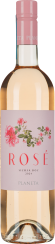 Roséweinflasche mit zartrosa Etikett und floralen Verzierungen.