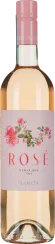 Roséweinflasche mit zartrosa Etikett und floralen Verzierungen.