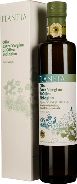 Dunkle Glasflasche mit grünem Schraubverschluss, gefüllt mit Olio Extra Vergine di Oliva Biologico. Das Etikett ziert ein grünes botanisches Design. Daneben ist eine cremefarbene Verpackungsbox mit ähnlichem Motiv abgebildet.