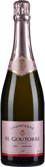 Flasche Rosé-Champagner mit roséfarbenem Etikett und metallischem Folienverschluss, das leicht schimmernde Goldakzente aufweist.