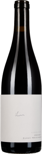 Dunkle Weinflasche mit schlichtem, cremefarbenem Etikett und minimalistischem Design.