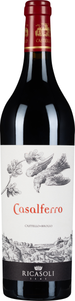 Rotweinflasche mit dekorativem Etikett, rotem Verschluss und Zeichnung eines Adlers.