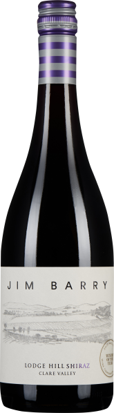 Flasche mit dunkelrotem Wein, violett gestreiftem Schraubverschluss und elegantem Etikett mit feiner Landschaftszeichnung.