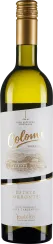 Weinflasche mit goldenem Schraubverschluss, gefüllt mit weißem Wein. Das Etikett ist elegant und schlicht gestaltet mit goldenen Schriftzügen und einer Landschaftszeichnung in der Mitte.