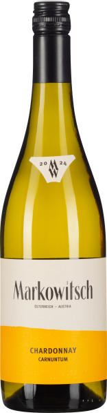 Eine Flasche Chardonnay mit gelblichem Etikett und schwarzem Schraubverschluss, präsentiert in klarer, eleganter Glasform.