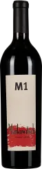 Dunkelgrüne Weinflasche mit schlichtem, cremefarbenem Etikett und markantem roten Element im unteren Bereich.
