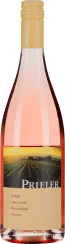 Roséweinflasche mit hellem Schraubverschluss und Landschaftsbild auf dem Etikett.