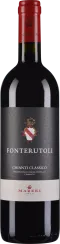 Die Weinflasche hat einen roten Verschluss und ein elegantes schwarzes Etikett mit einem Wappen. Darunter befindet sich ein heller Abschnitt mit weiteren Informationen. Der Wein ist dunkel gefärbt und durch die Glasflasche sichtbar.