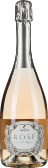 Elegante Flasche Rosé-Schaumwein mit silberner Kapsel und detailliertem Etikett.
