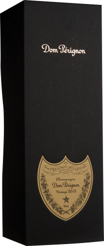 Schwarze Champagnerbox mit goldfarbenem Etikett und elegantem Design.