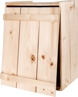Holzkiste aus hellen Holzlatten mit sichtbaren Astlöchern und einer geöffneten Seitenplatte.