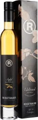 Eine schlanke, elegante Flasche mit honiggelbem Inhalt und einem schwarzen Etikett, das goldene Akzente und botanische Illustrationen zeigt. Die Flasche steht neben einer passenden schwarzen Verpackung mit Naturmotiven und einem großen, stilisierten „R“.
