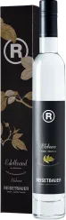 Die Abbildung zeigt eine schlanke, klare Glasflasche mit schwarzer Verschlusskappe und elegantem, dunklem Etikett, auf dem ein botanisches Design mit einem Blattmotiv zu sehen ist. Neben der Flasche steht eine dazugehörige, stilvoll gestaltete, dunkle Ges