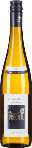 Klare Weißweinflasche mit einem hellen, goldenen Wein. Das Etikett ist elegant gestaltet mit goldenen Akzenten und weinroten Elementen. Der Verschluss ist schwarz mit einem dezenten Logo.