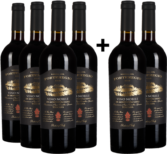 Sechser-Set edler Rotweinflaschen mit schwarzem Etikett und goldener Schrift.