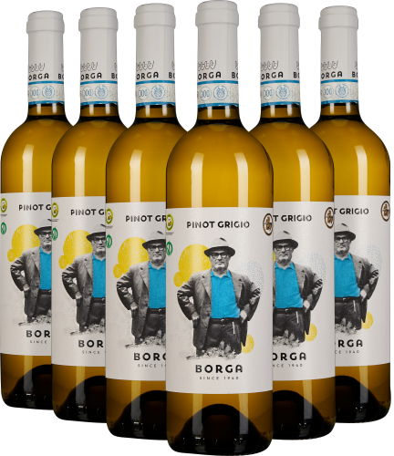 Sechs Borga Pinot Grigio Flaschen, harmonisch angeordnet, mit modernem Etikett.
