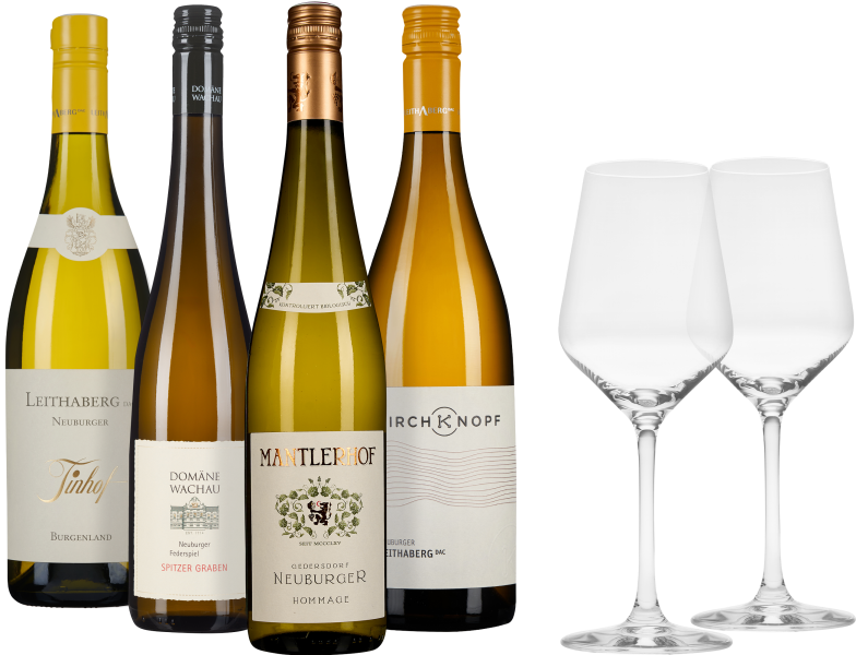 Weinset mit fünf Flaschen, dekorativen Etiketten und zwei eleganten Weingläsern.