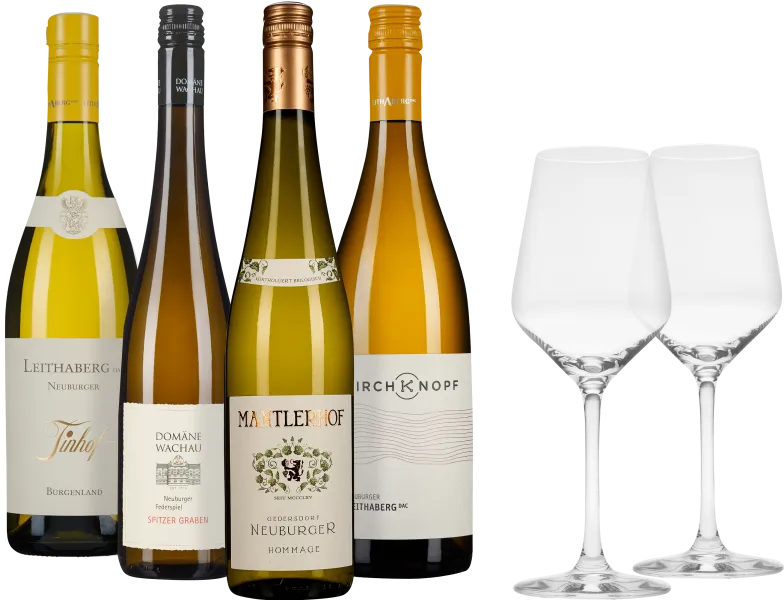 Weinset mit fünf Flaschen, dekorativen Etiketten und zwei eleganten Weingläsern.