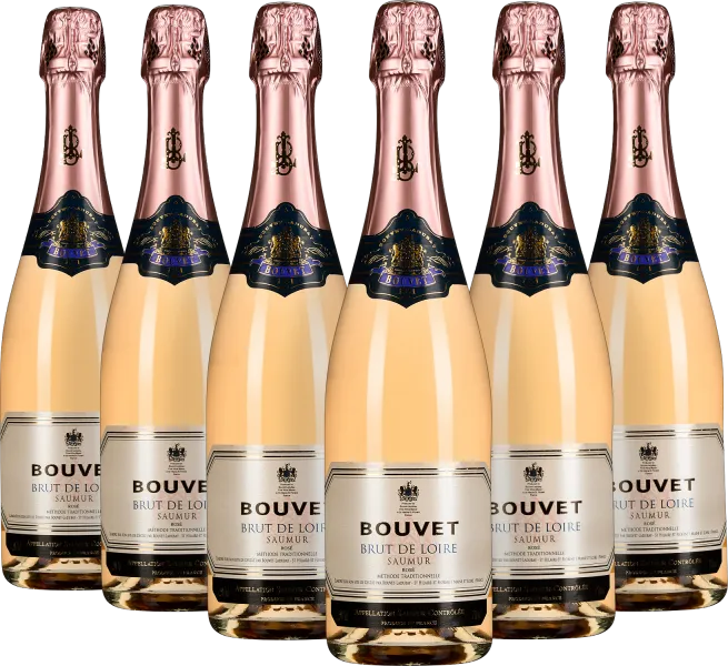 Sechs Flaschen Brut de Loire Sekt mit roségoldenem Hals und eleganten Etiketten.