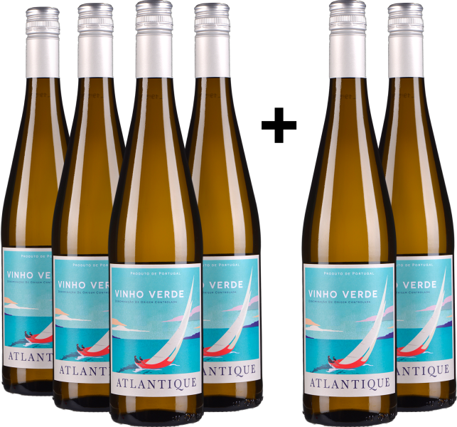 Sechser-Set Vinho Verde-Flaschen mit farbenfrohem maritimem Etikett und silbernen Schraubverschlüssen.