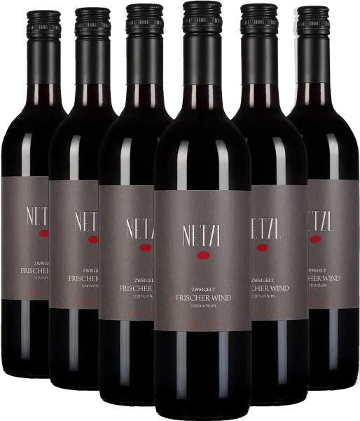 Sechs Weinflaschen mit grauen Etiketten und schwarzem Verschluss, in einer Reihe.