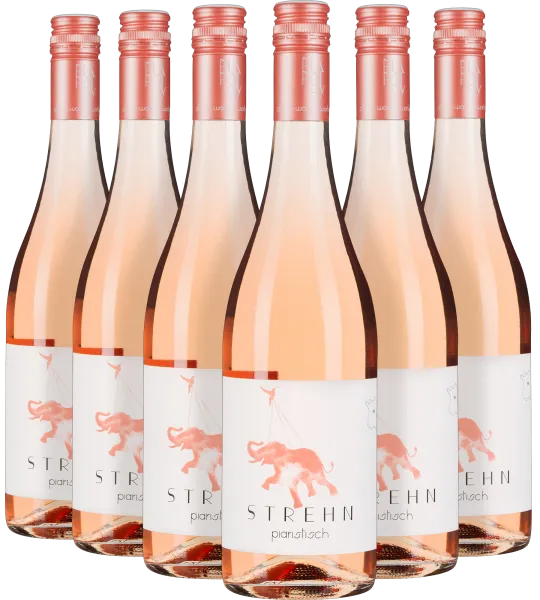 Sechs Roséweinflaschen mit rotem Verschluss und Elefantenmotiv auf dem Etikett.