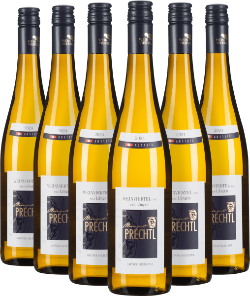 Sechserpack Weine mit gelbem Glas und dunkelblauen Etiketten, elegant präsentiert.