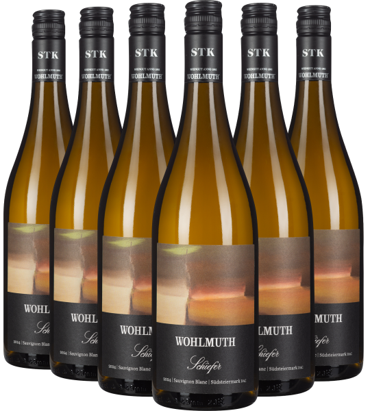 Sechs Flaschen Weißwein mit schwarzem Etikett und Schraubverschluss, elegant arrangiert.