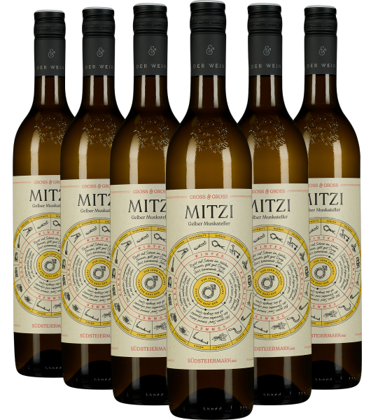Sechs Flaschen Weißwein mit künstlerischem Etikett und schwarzem Schraubverschluss.