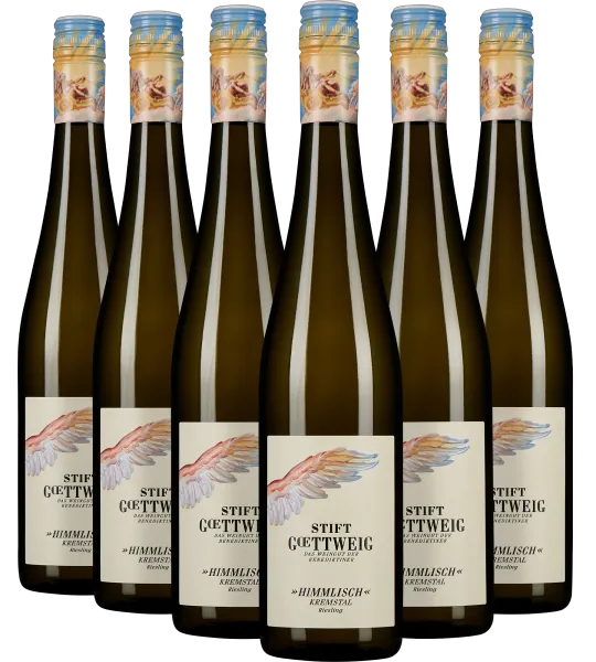 Sechs Weinflaschen mit kunstvollen Etiketten und hellblauen Kappen in elegantem Design.