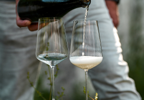 Zwei Weingläser auf einem Felsen, von Hand mit Schaumwein befüllt.