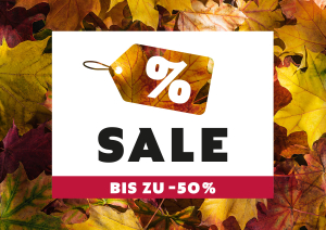 Herbstliche Blätter mit großem SALE-Text und Prozentzeichen auf einem Etikett.