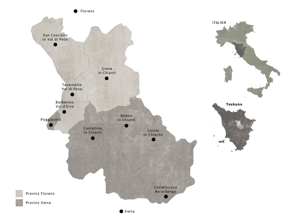 Karte mit hervorgehobenen Regionen in der Toskana und Italien.