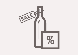 Grafik mit Flasche, Verkaufsetikett und Prozentzeichen in quadratischem Rahmen.