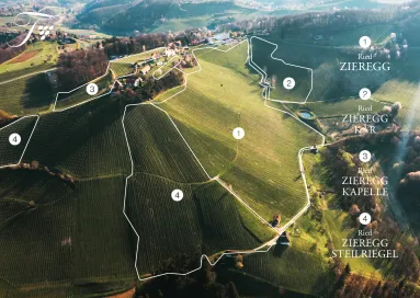 Luftaufnahme von grünen Hügeln und Weinbergen, durchzogen von weißen Linien und nummerierten Bereichen.